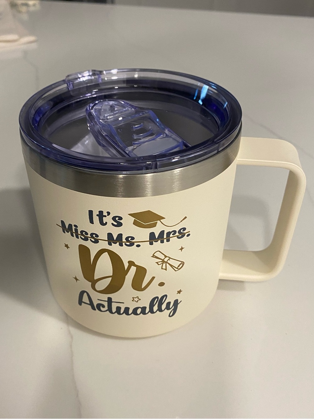Cream "Dr. Actually" Graduate Travel Mug with Lid